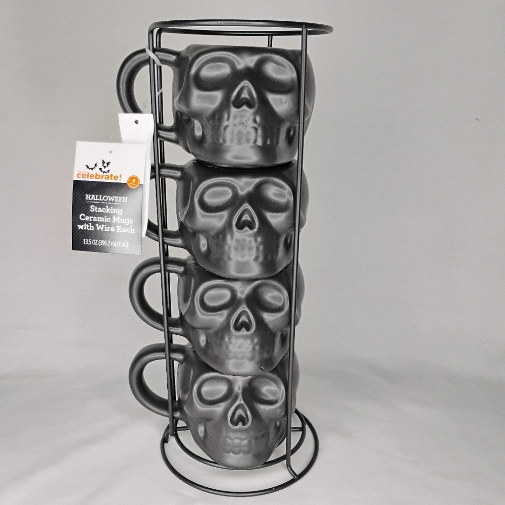 Skulls Coffee Mugs Stacking Metal Rack Set  of 4 Halloween Witchy Black